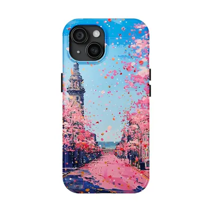 Cherry Blossom Street Scene Oil Painting