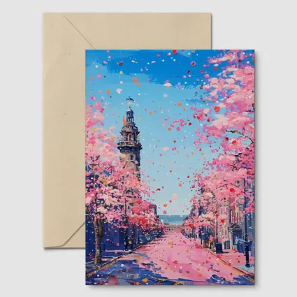 Cherry Blossom Street Scene Oil Painting