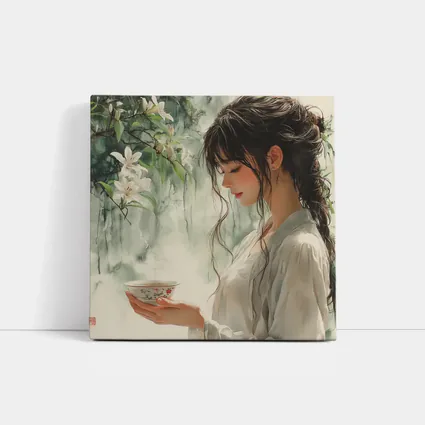 Woman Holding Tea Cup White Lilies
