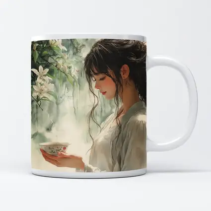 Woman Holding Tea Cup White Lilies