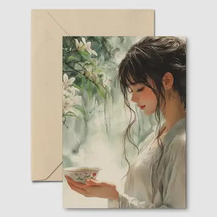 Woman Holding Tea Cup White Lilies