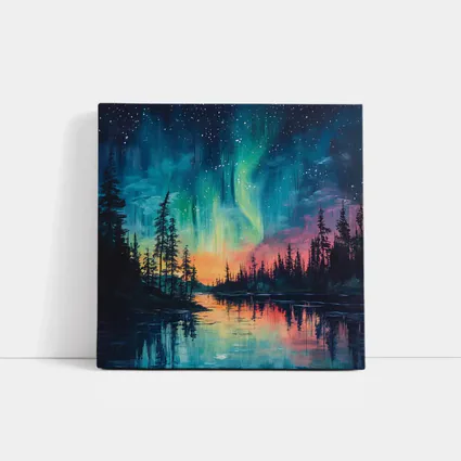 Northern Lights Aurora Forest Lake Oil Painting