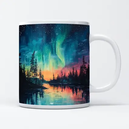 Northern Lights Aurora Forest Lake Oil Painting