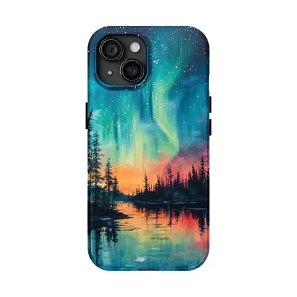Northern Lights Aurora Forest Lake Oil Painting