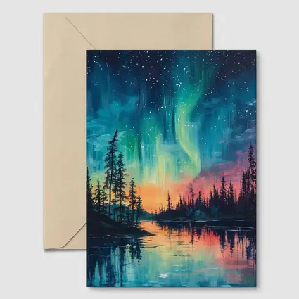 Northern Lights Aurora Forest Lake Oil Painting