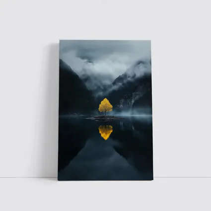 Yellow Tree Lone Island Misty Mountain Lake