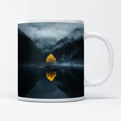 Yellow Tree Lone Island Misty Mountain Lake