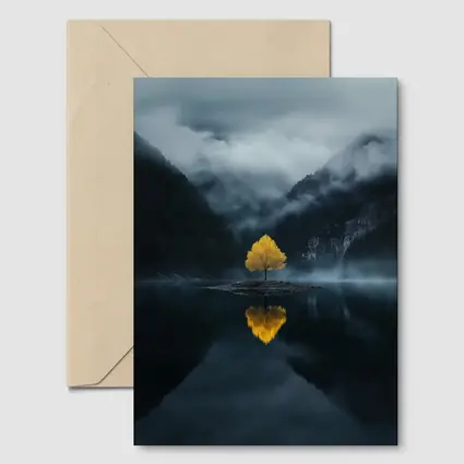 Yellow Tree Lone Island Misty Mountain Lake