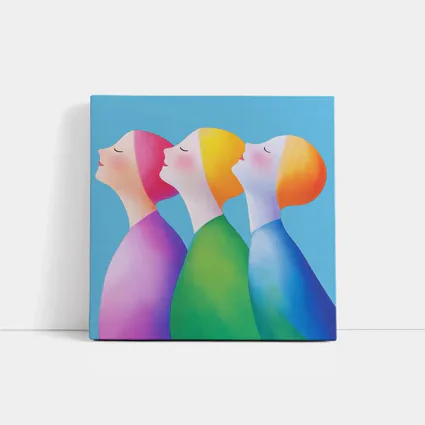 Three Women Colorful Minimalist Illustration Blue Background