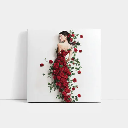Woman Rose Dress Red Flowers White Background