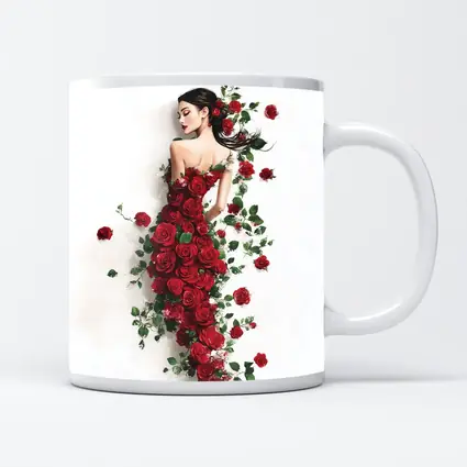 Woman Rose Dress Red Flowers White Background