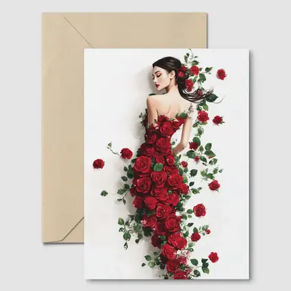 Woman Rose Dress Red Flowers White Background