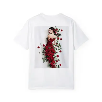 Woman Rose Dress Red Flowers White Background