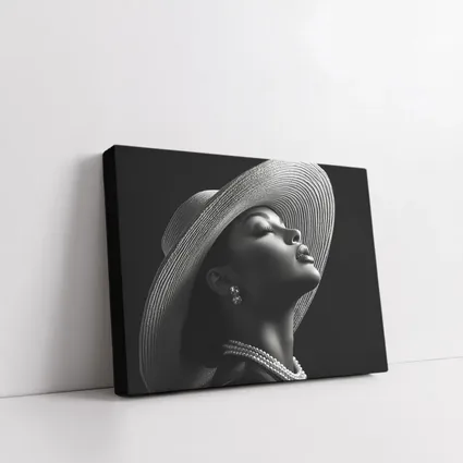 Elegant Woman Wide Brim Hat Pearl Necklace