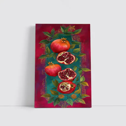 Pomegranate Fruit Botanical Art Teal Red