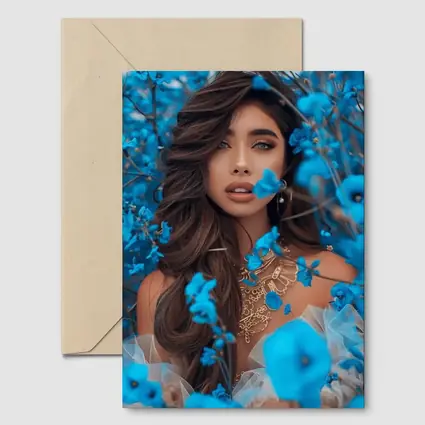 Woman Portrait Surrounded By Blue Flowers