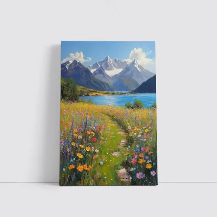 Wildflower Meadow Path Snow Capped Mountains