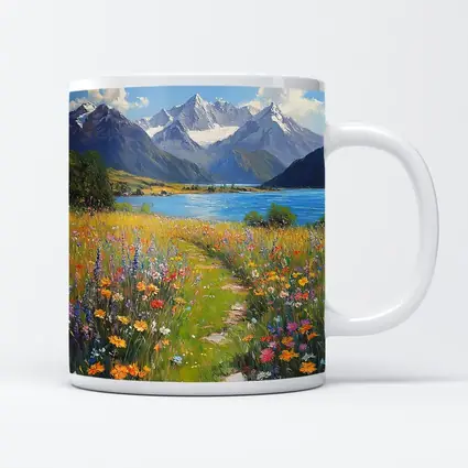 Wildflower Meadow Path Snow Capped Mountains