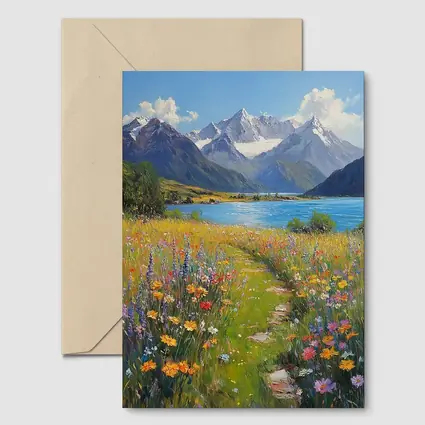 Wildflower Meadow Path Snow Capped Mountains