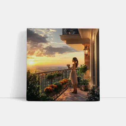 Woman on Balcony Golden Sunset City View