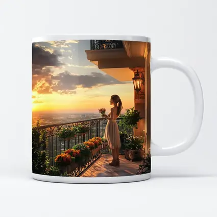 Woman on Balcony Golden Sunset City View