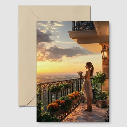 Woman on Balcony Golden Sunset City View