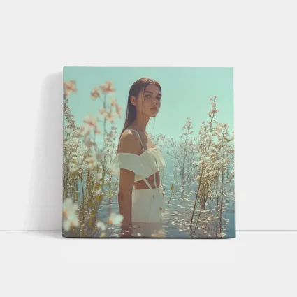 Young Woman Standing Among White Flowers Water