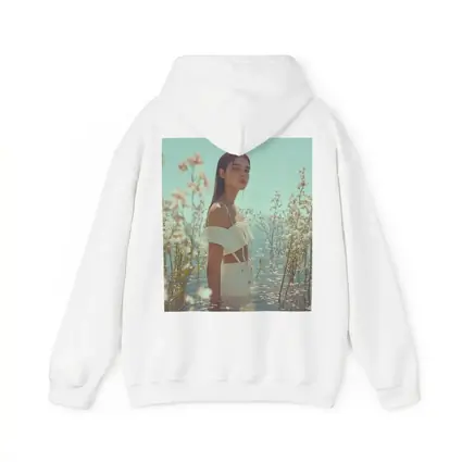 Young Woman Standing Among White Flowers Water