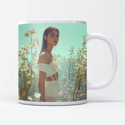 Young Woman Standing Among White Flowers Water