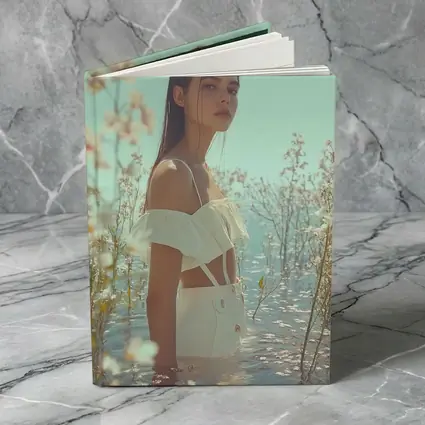 Young Woman Standing Among White Flowers Water