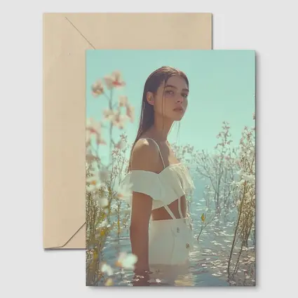Young Woman Standing Among White Flowers Water