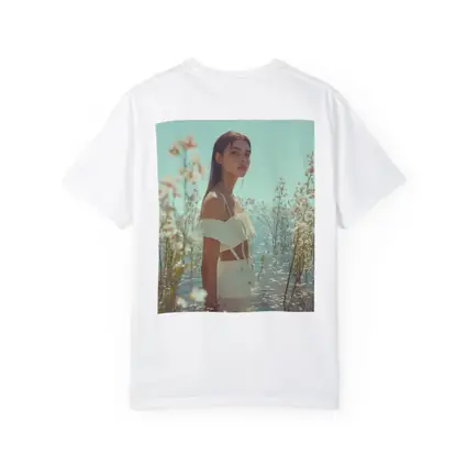 Young Woman Standing Among White Flowers Water