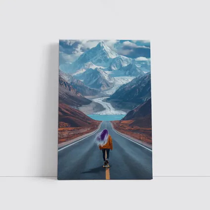 Girl Skateboarding Road Toward Snowy Mountains