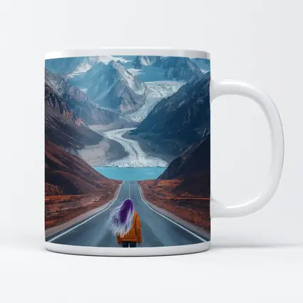 Girl Skateboarding Road Toward Snowy Mountains