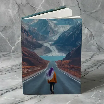 Girl Skateboarding Road Toward Snowy Mountains