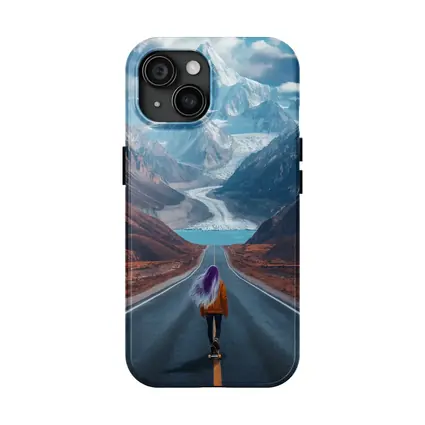 Girl Skateboarding Road Toward Snowy Mountains