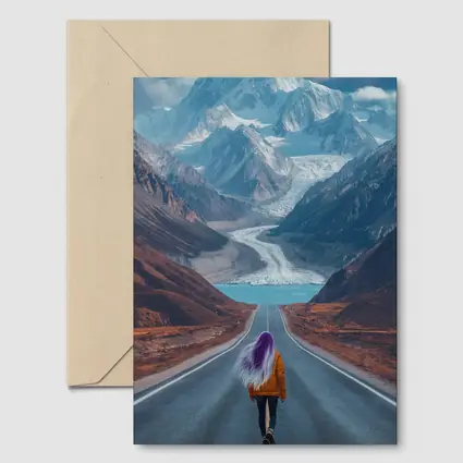 Girl Skateboarding Road Toward Snowy Mountains