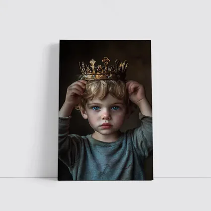 Young Boy Placing Crown Dark Background