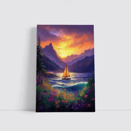 Sailboat Mountain Lake Oil Painting Art