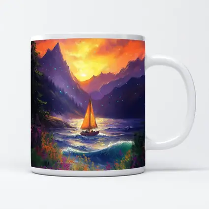 Sailboat Mountain Lake Oil Painting Art