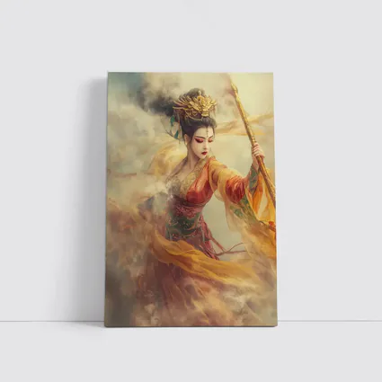 Chinese Warrior Goddess Golden Dragon Staff Art