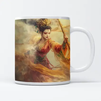 Chinese Warrior Goddess Golden Dragon Staff Art