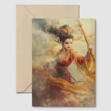 Chinese Warrior Goddess Golden Dragon Staff Art