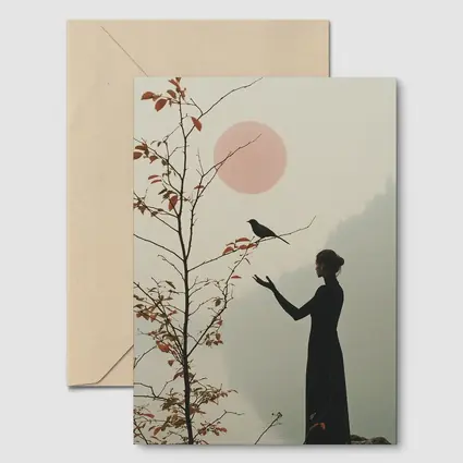 Woman Silhouette Crow Misty Autumn Landscape