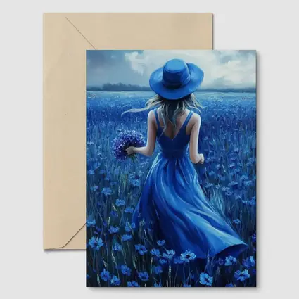 Woman in Blue Dress Cornflower Field Painting