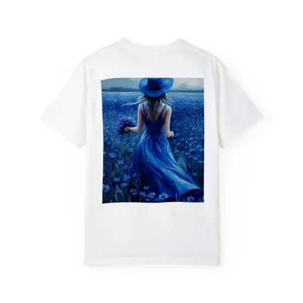 Woman in Blue Dress Cornflower Field Painting