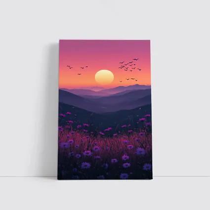 Purple Wildflowers Mountain Sunset Birds Sky