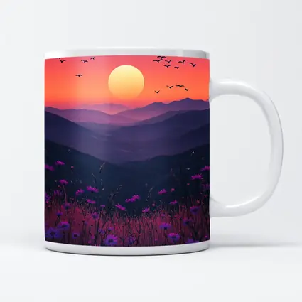 Purple Wildflowers Mountain Sunset Birds Sky