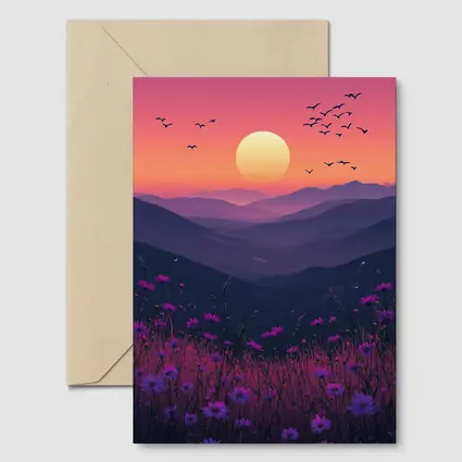 Purple Wildflowers Mountain Sunset Birds Sky