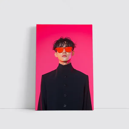 Young Man Red Sunglasses Black Coat Pink Background